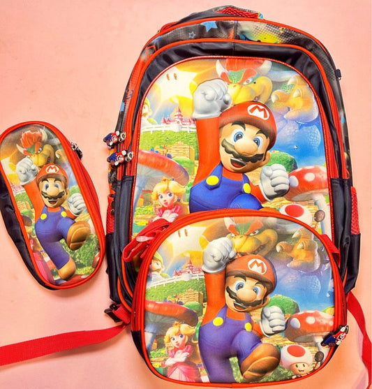 MARIO Y PRINCESS PEACH MOCHILA CON LUCES, LONCHERA Y LAPICERA